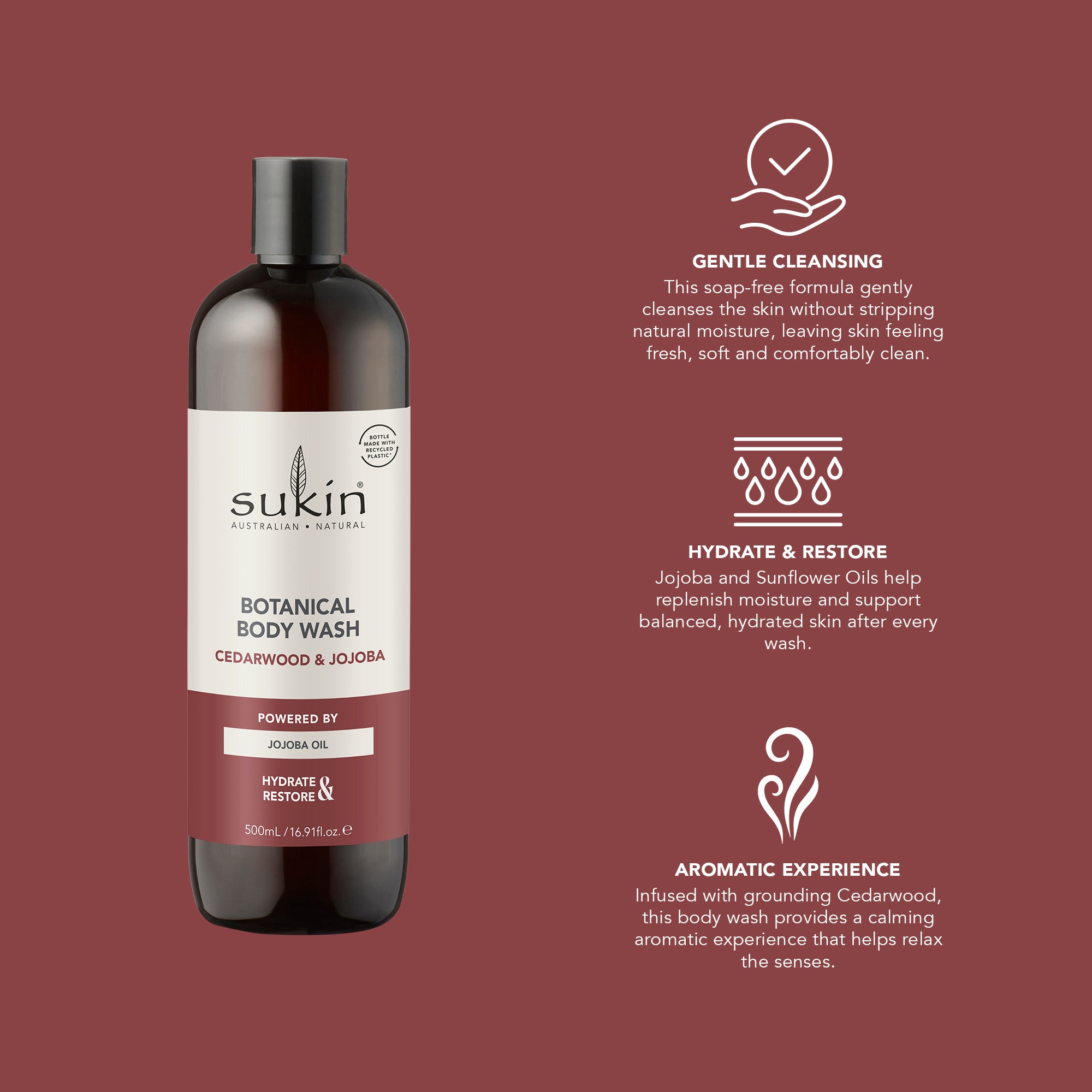 SUKIN BOTANICAL BODY  WASH CEDARWOOD &amp; JOJOBA 500ML