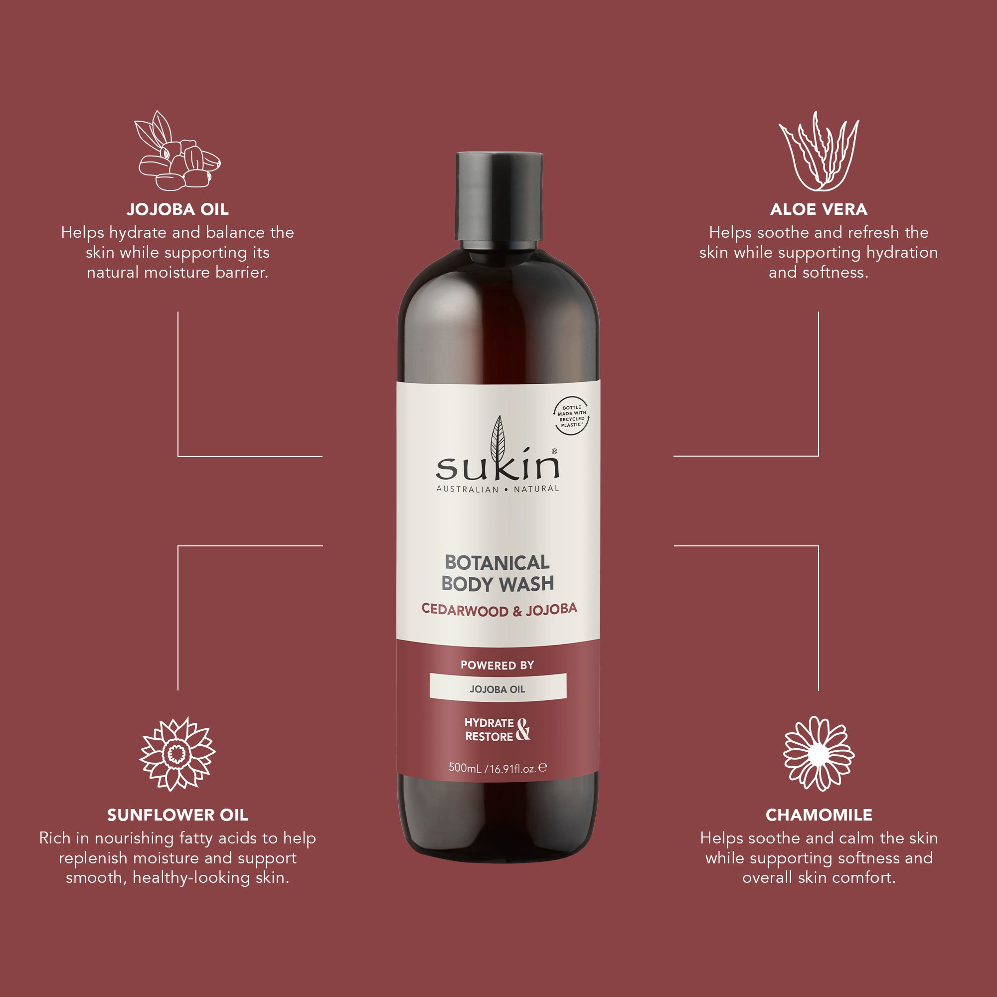 SUKIN BOTANICAL BODY  WASH CEDARWOOD &amp; JOJOBA 500ML