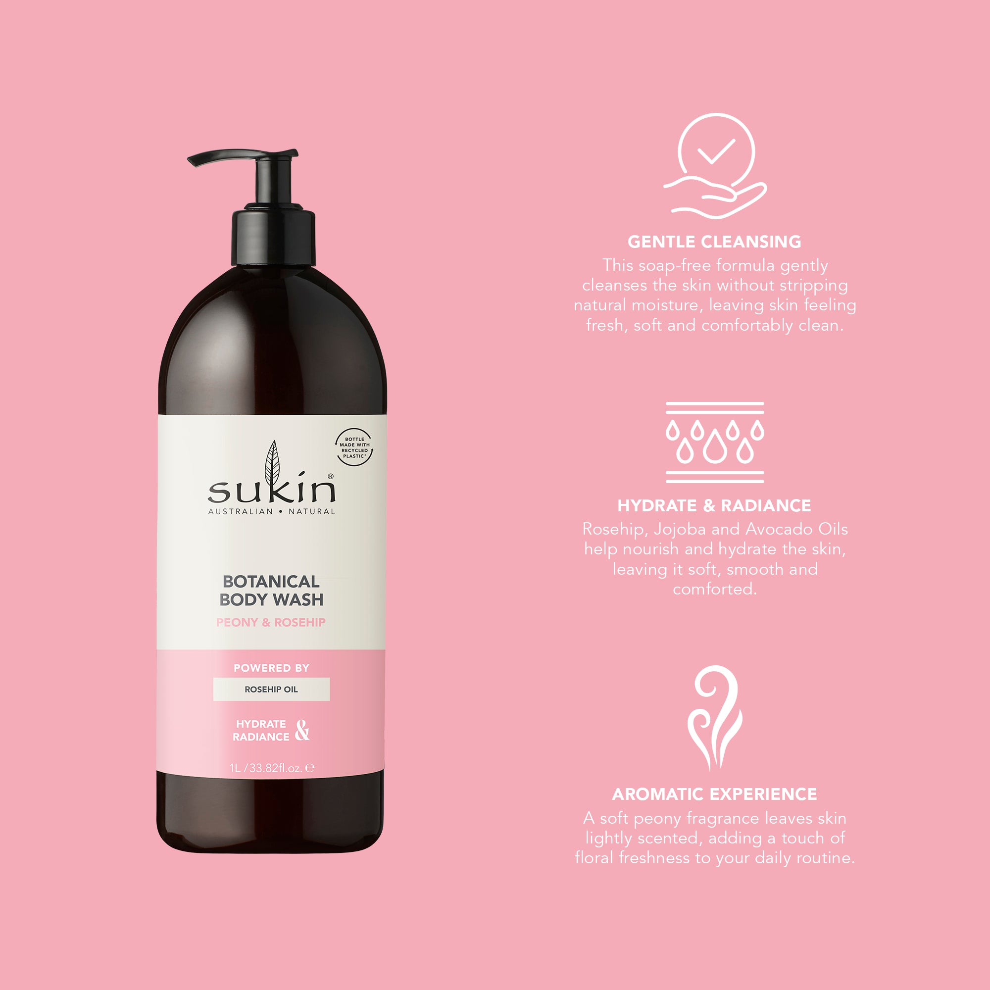 SUKIN BOTANICAL BODY WASH PEONY  &amp; ROSEHIP 1L